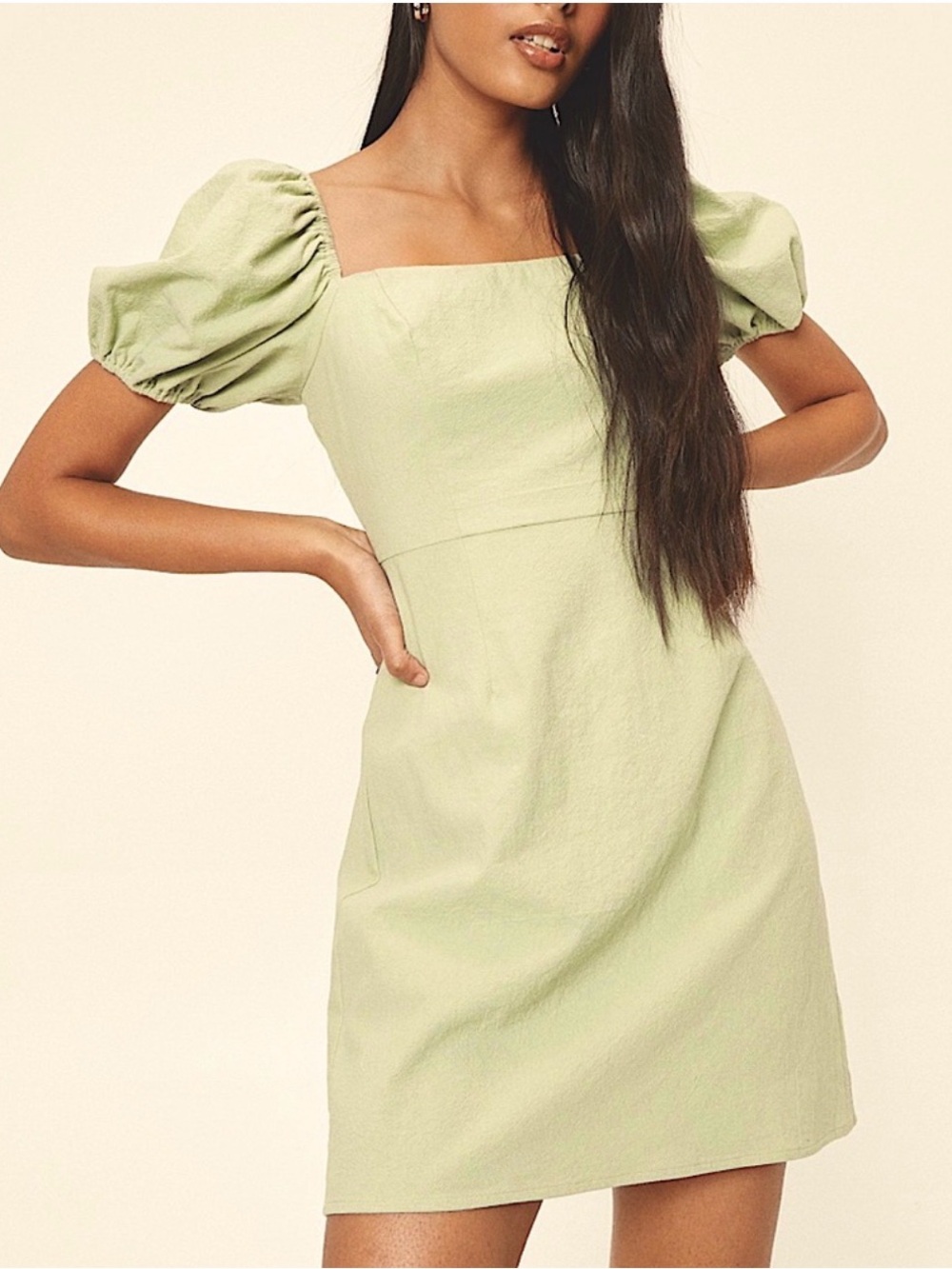 Light Green Crepe Puff Sleeve Square Neck Mini Dress Nasty Gal - Small/Medium